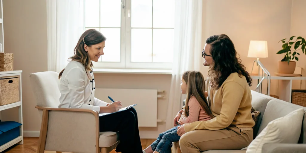 Parent and child discussing ADHD testing for children in Phenix City with a clinician