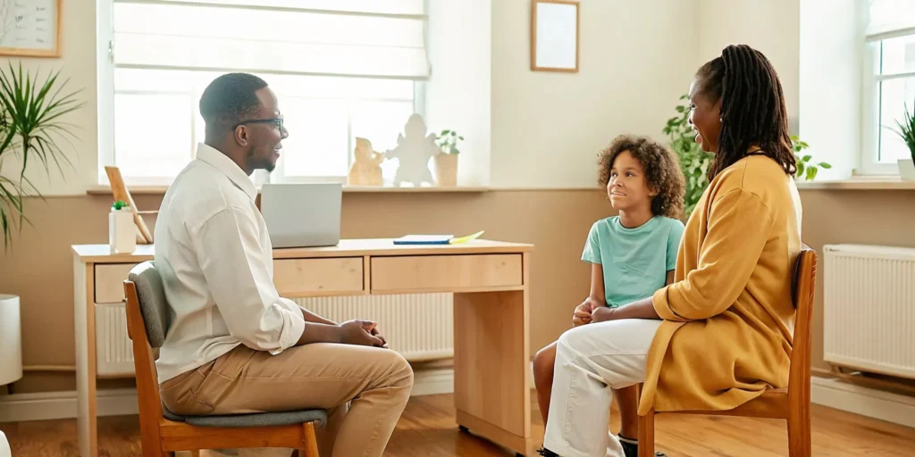 Parent and child speaking with a behavioral health clinician