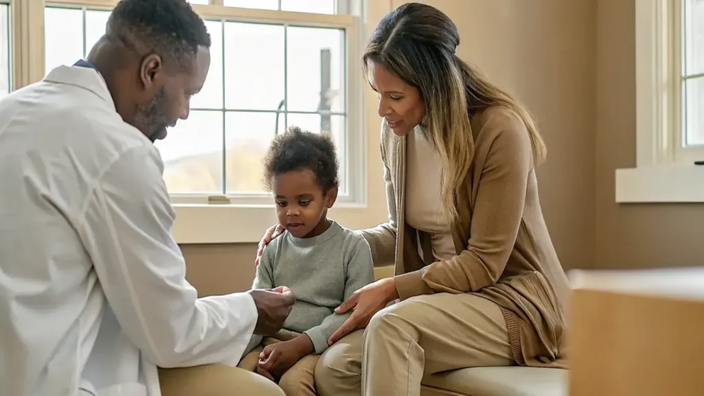 Parent discussing childhood eczema with a pediatric clinician