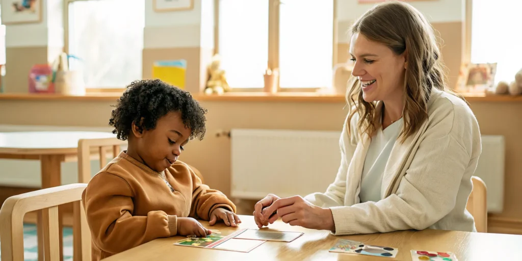 Child participating in a speech-language activity with a provider