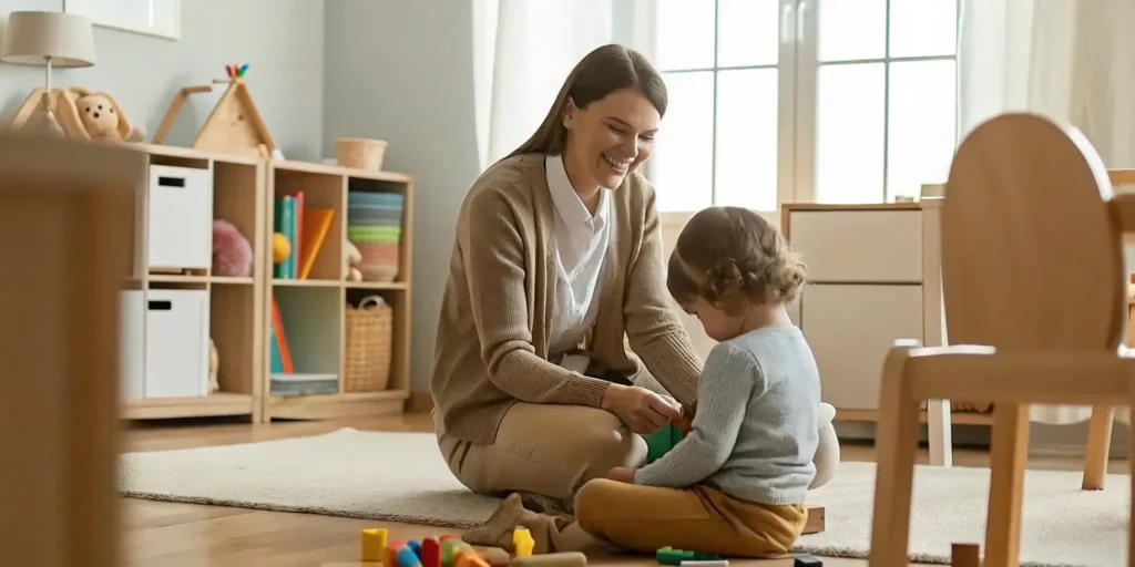 A caring pediatric behavior therapist working on developmental skills with a young child in a warm and supportive play therapy room.