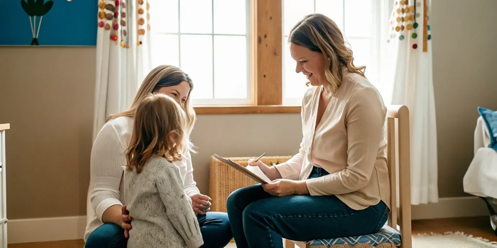 Speech-language pathologist conducting a speech therapy evaluation