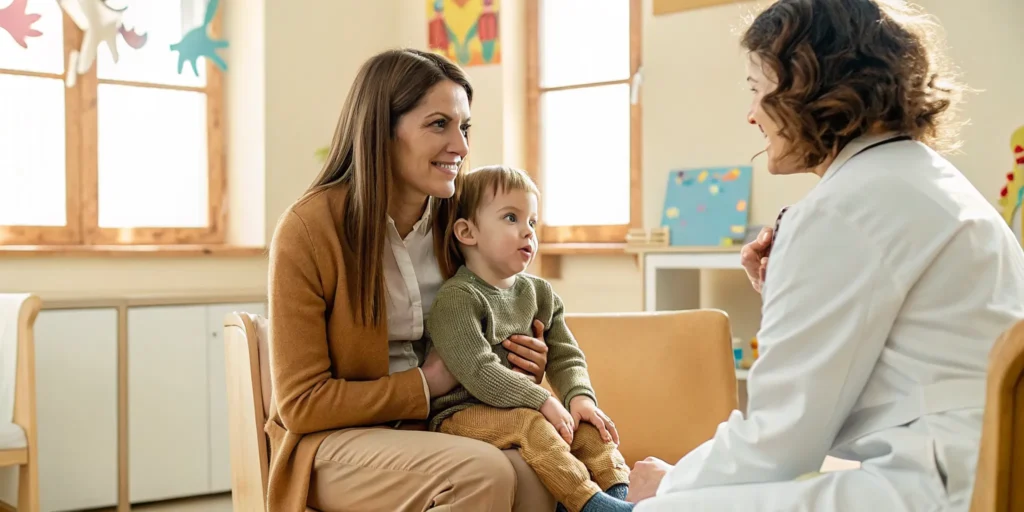 Pediatrician talking with a parent and young child about developmental milestones