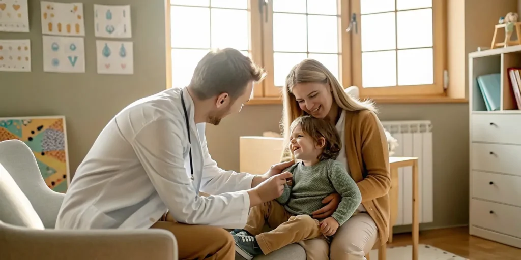 Pediatrician reviewing developmental milestones with a young child in a bright clinic