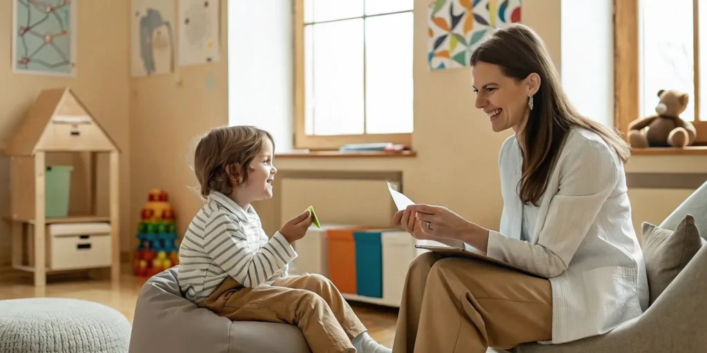 A child during a speech therapy session using flashcards